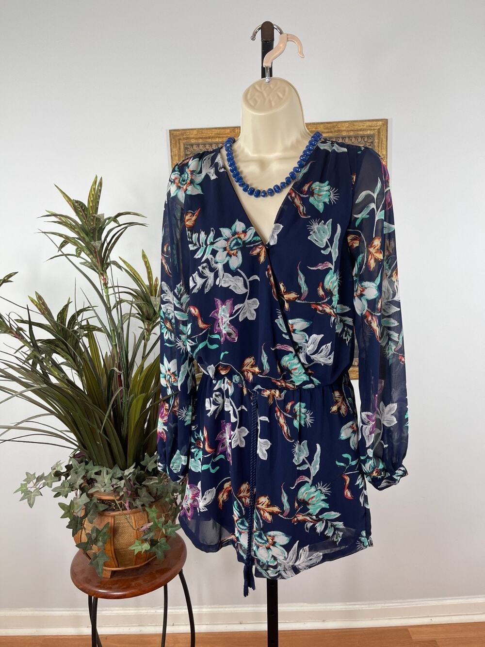 Japna Romper Women's M Navy Floral Print Wrap V Neck Night Bloom Tropical‎ Core